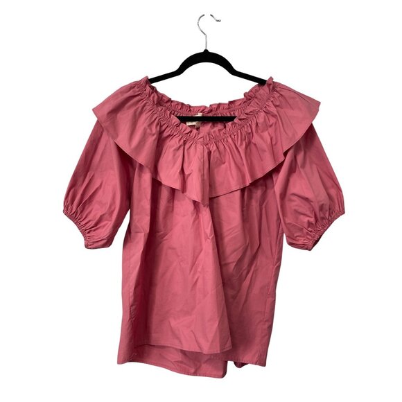 Listicle Blouse Size Medium Ruffle Neck Short Sleeve Pink Cotton Feminine Chic - Picture 3 of 9